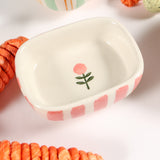 Creative Co-op HANDPAINTED DISH STRIPES AND FLOWERS Pink