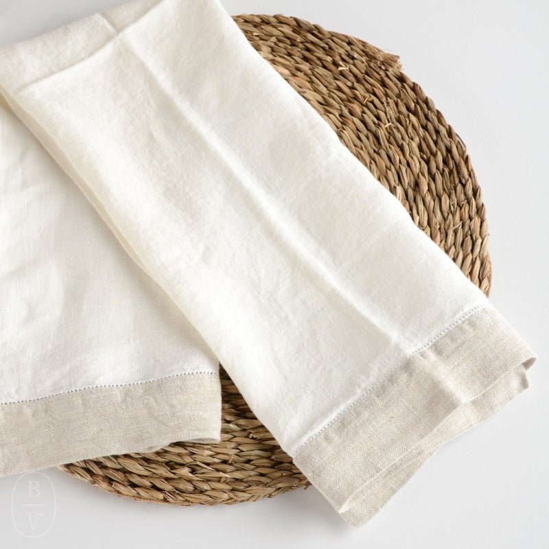 LinenCasa STONEWASHED LINEN HAND TOWEL White_Light Natural Trim Dot Hemstitch