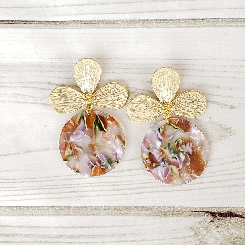 Virtue GOLD LOTUS FLOWER POST ACRYLIC CIRCLE DISC EARRINGS