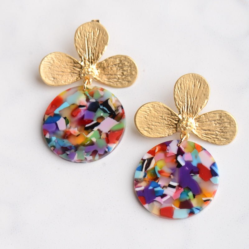 Virtue GOLD LOTUS FLOWER POST ACRYLIC CIRCLE DISC EARRINGS Confetti