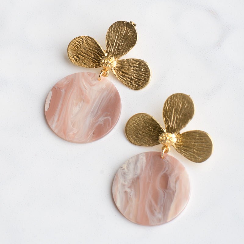 Virtue GOLD LOTUS FLOWER POST ACRYLIC CIRCLE DISC EARRINGS Nude Smoke