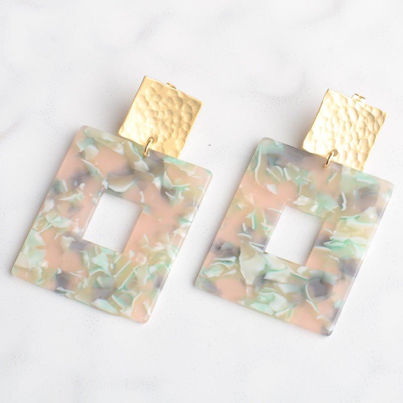 Virtue GOLD SQUARE POST ACRYLIC RECTANGLE EARRINGS Mint Multi