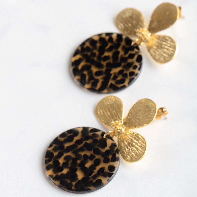 Virtue GOLD LOTUS FLOWER POST ACRYLIC CIRCLE DISC EARRINGS Spotted Cheetah