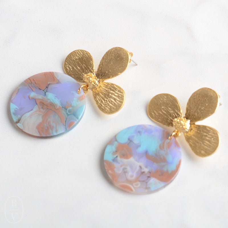 Virtue GOLD LOTUS FLOWER POST ACRYLIC CIRCLE DISC EARRINGS Lavendar Watercolor