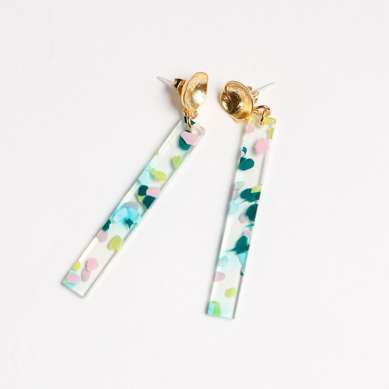 Virtue GOLD ROUND HAMMERED POST ACRYLIC BAR EARRINGS Pastel Floral