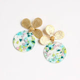 Virtue GOLD LOTUS FLOWER POST ACRYLIC CIRCLE DISC EARRINGS Pastel Floral